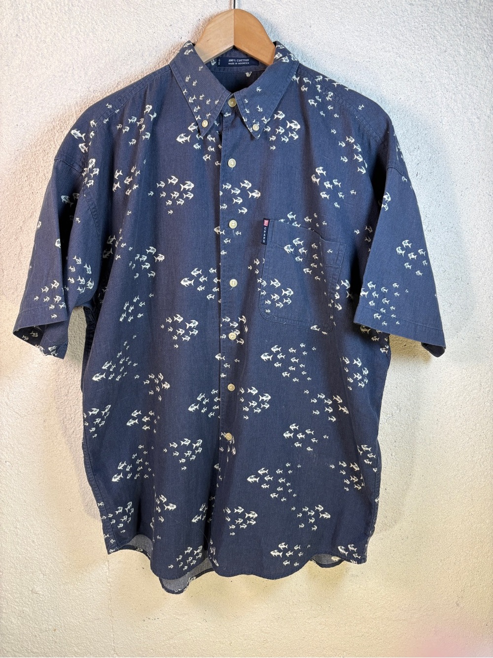 Chaps Ralph Lauren Shirt Fish Mens L Short Sleeve Button Up Cotton Beachy Preppy
